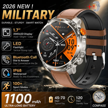 New Men Outdoor Military 1100mAh Large Battery Smart Watch Compass GPS Track IP68 Waterproof LED Flashlight BT Call Smartwatch