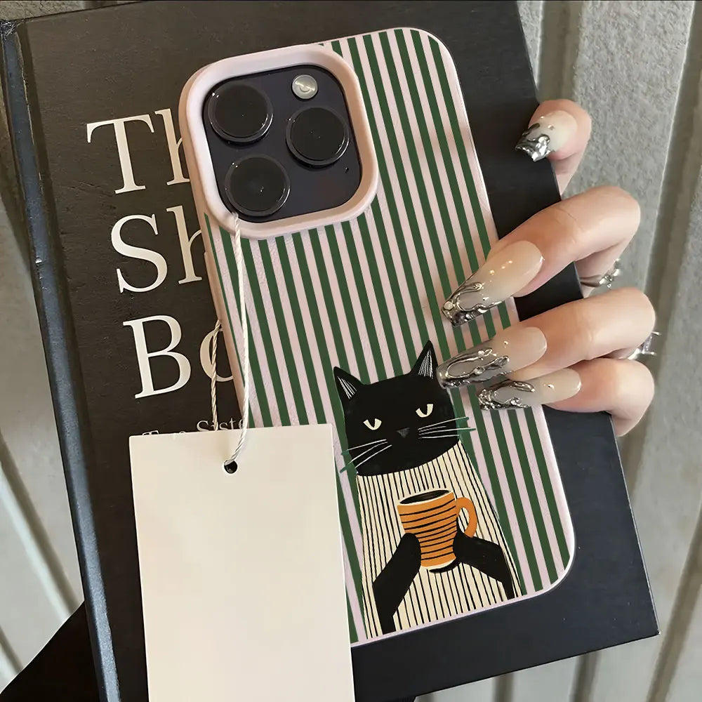 Funny Coffee Cat Pattern Lychee Soft Phone Case For iPhone 17 16 15 14 13 12 11 Pro Max 15 Plus 17 Air X Xs XR Shockproof Cover