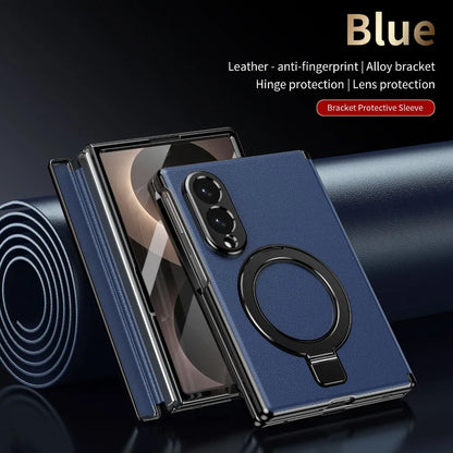 Magnetic Bracket Phone Case for Samsung Galaxy Z Fold 8 Ultra 7 6 5 Luxury Leather Hinge Full Screen Glass Drop Protection Cover