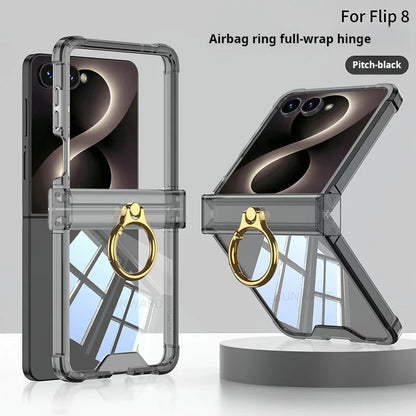 Luxury Airbag Hinge Protection Ring Holder Phone Case For Samsung Galaxy Z Flip 8 7 6 5 Z Flip7 FE Flip 8 Clear Shockproof Cover
