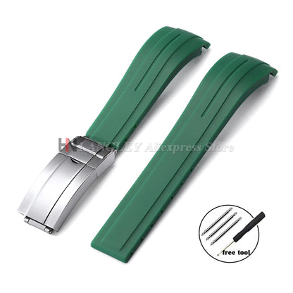 Curved Rubber Watch Bracelet 20mm 21mm 22mm for Rolex Green Water Ghost for Oysterflex Waterproof Silicone Folding Buckle Straps