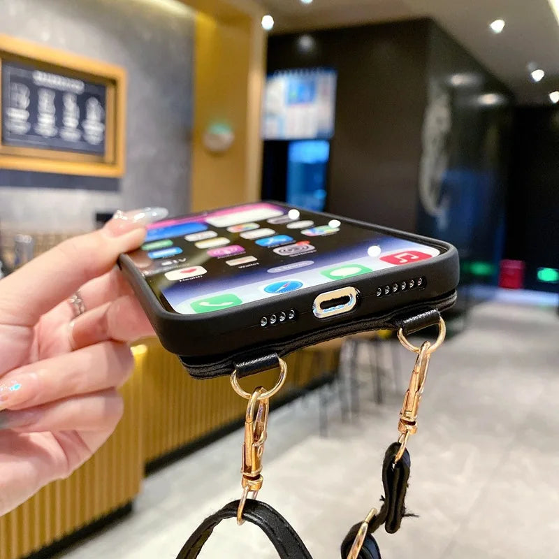 Funny 3D Crossbody Cover Black Coal Ball Card Bag Lanyard Phone Case  For iPhone 17 Pro max 16 15 14 Plus 13 12 11 Pro Max Xs XR