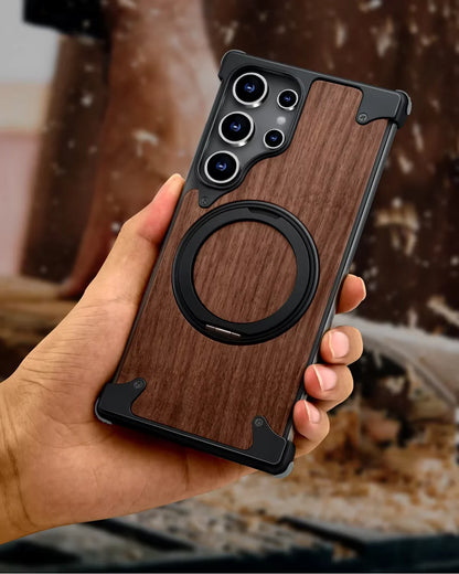 Eary Solid Wood Phone Case for Samsung Galaxy S25 S24 Ultra for Magsafe 360° Rotation Kickstand Frameless Protective Shells