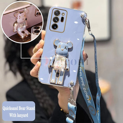 Cartoon Bear Lanyard Plating Phone Stereoscopic Holder Case For Samsung Galaxy Note 20 Ultra Note 10 Lite 8 9 M30S M42 M54 Cover