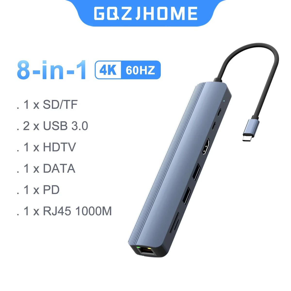 8 in 1 USB C Hub with 4K 60Hz HDTV 1Gbps Ethernet 100W Power Delivery SD/TF Card Slots USB 3.0*3 5Gpbs Data Ports for MacBook
