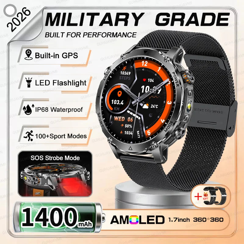 NEW Military 1400mAh Battery SmartWatch Men Outdoor LED Flashlight IP68 Waterproof Heart Rate SOS Bluetooth Call Sports Bracelet