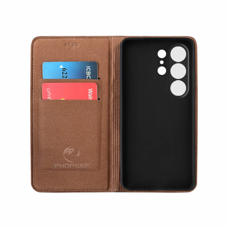 Flip Case For SAMSUNG Galaxy S26 S25 S24 S23 Ultra Plus FE 5G Genuine Leather Magnetic Cover Cowhide Grid Pattern Wallet Cases