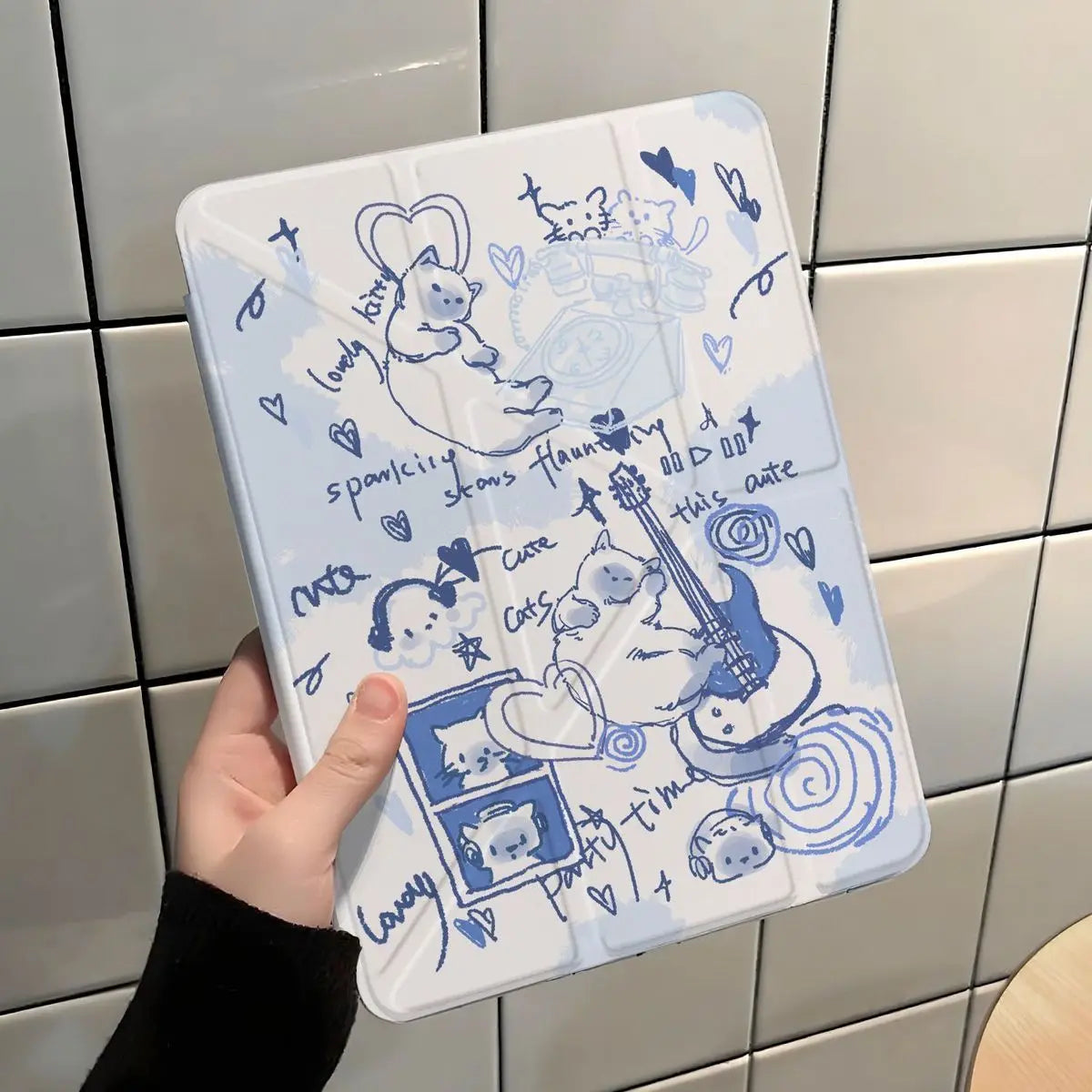 Korean Kawaii Blue Guitar Cat For iPad Pro Air 13 11 M5 M4 M3 M2 2 1 11th A16 12.9" 10 9 8 7 6 5 Th Mini 7 6 5 4 7.9" Case