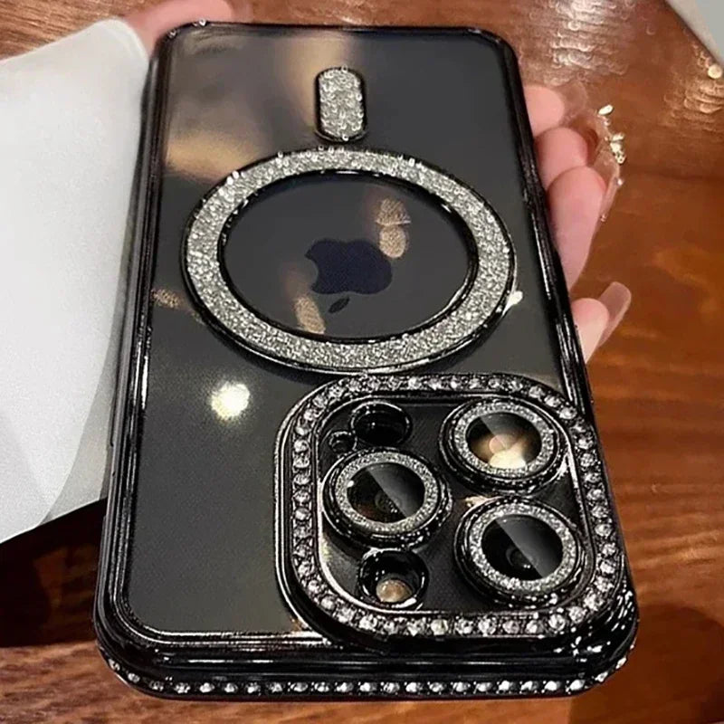 New Fashion Glitter Diamond Transparent Case For iPhone 17 16 15 14 13 11 12 Pro Max Funda Magnetic Wireless Charge Bumper Cover