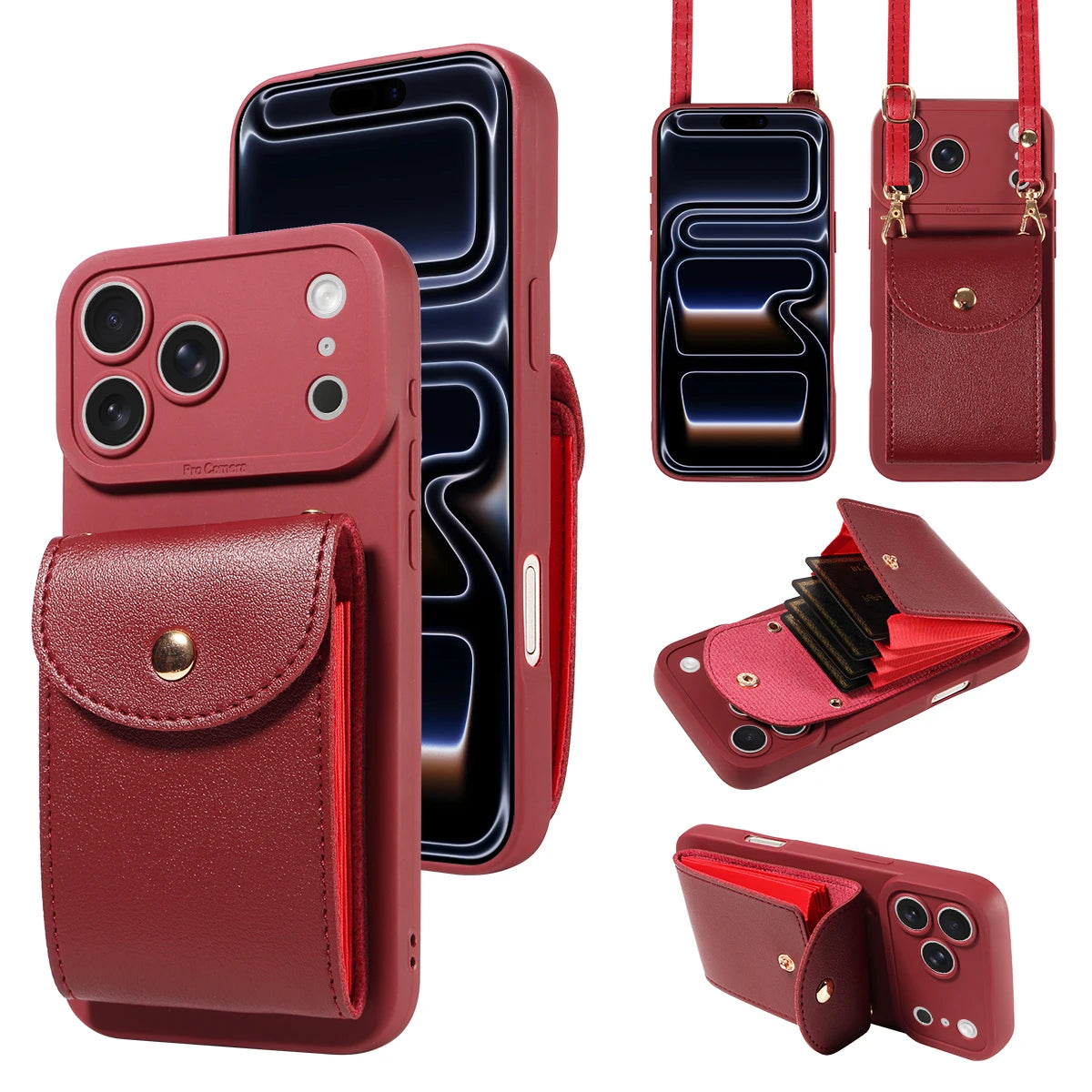 faux Leather Phone Case for IPhone17 16 15 14 13 12 11Pro Max PlusMini E Air All inclusive Lens Protection with Lanyard Card Bag