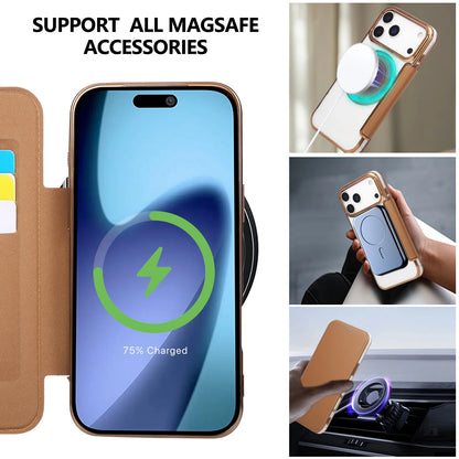360 Rotating Bracket Magnetic Leather Case for IPhone 17 Pro Max 16 Plus 15 14 Shockproof Comfortable Grip RFID Bag Book Cover