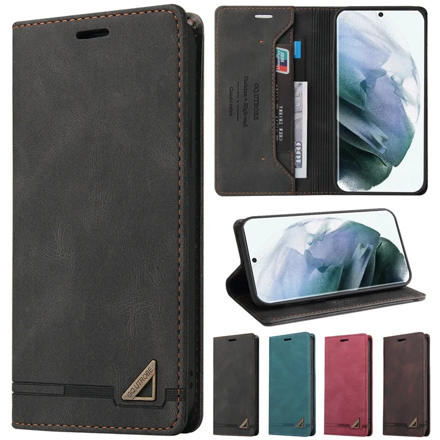 Wallet Anti-theft Brush With Card Slot Magnetic Flip Leather For Samsung Galaxy S24 Ultra S23 FE S22 Plus S21 S20 FE S10 S9 S8