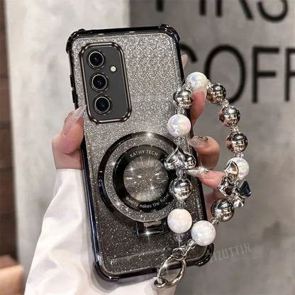 Pearl Strap Lanyard Glitter Lucky Ring Phone Holder Case For Samsung Galaxy S24 S20 S21 S22 S23 S25 FE Note 10 20 Plus + Ultra