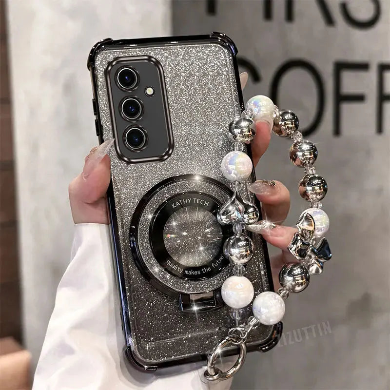 Pearl Strap Lanyard Glitter Lucky Ring Phone Holder Case For Samsung Galaxy S24 S20 S21 S22 S23 S25 FE Note 10 20 Plus + Ultra