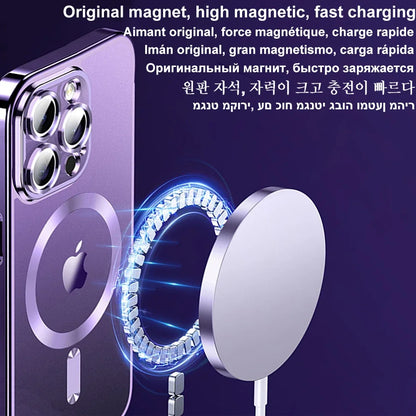 Magnetic Plating Case For iPhone 15 16 14 17 13 12 18 Pro Max Air Camera Lens Protector Glass For Magsafe Wireless Charger Cover