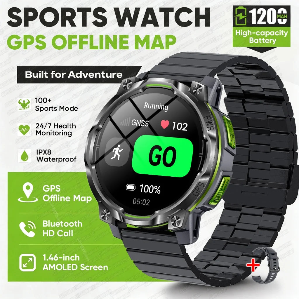1200mAh Massive Power Outdoor GPS Smart Watch Offline Map 1.43“ HD Screen IPX8 Waterproof Compass Military 107+Sports Watch Men