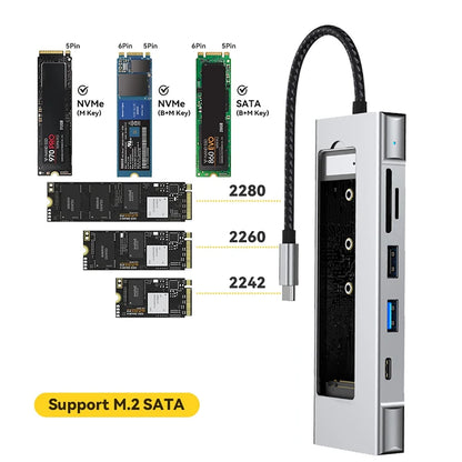 8-in-1 USB 3.2 Hub With Disk Storage Function M.2 SATA NVME SSD Type C to HDMI-Compatible Splitter SD/TF Reader For Macbook Pro