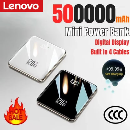 Lenovo Mini 500000mAh Power Bank Large Capacity Super Fast Charging External Battery Built-in 4 Cables for IPhone Samsung Huawei