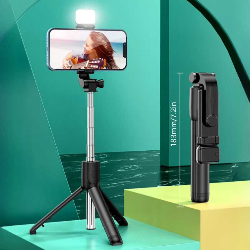 All In One Portable Tripod for iphone Selfie Stick With Fill Light Extendable Phone Stand for Live streaming BT Remote Control