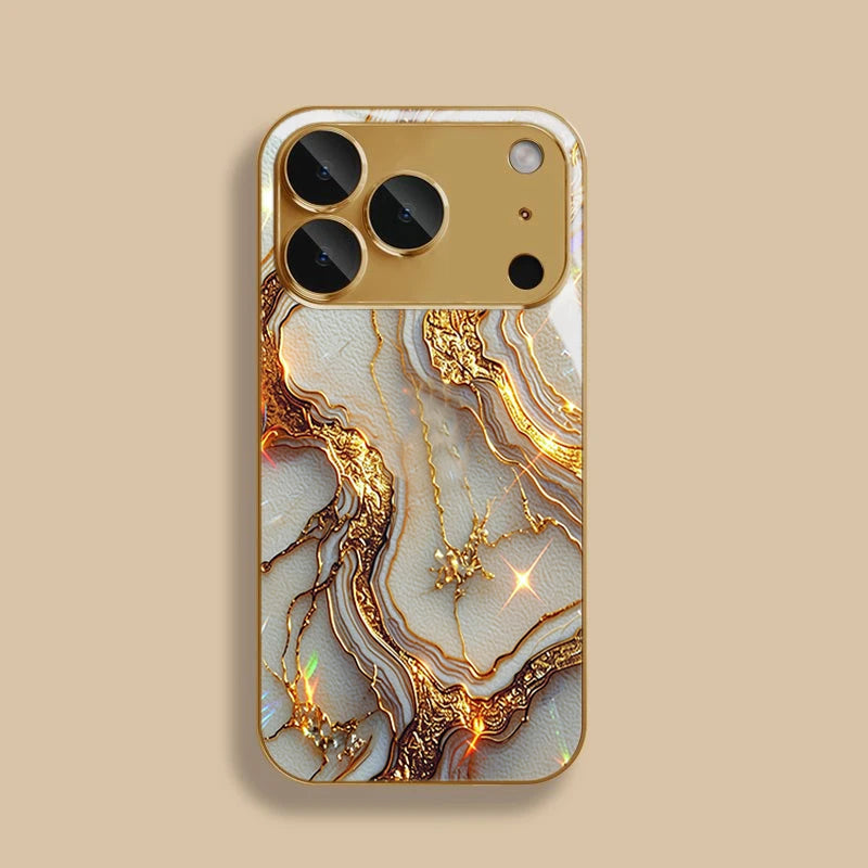 Gilded White Patterned Marble Tempered Glass Phone Case For iPhone 17 Pro Max 14 15 16 Plus 13 12 11 Pro Max 16E 17 Air Cover