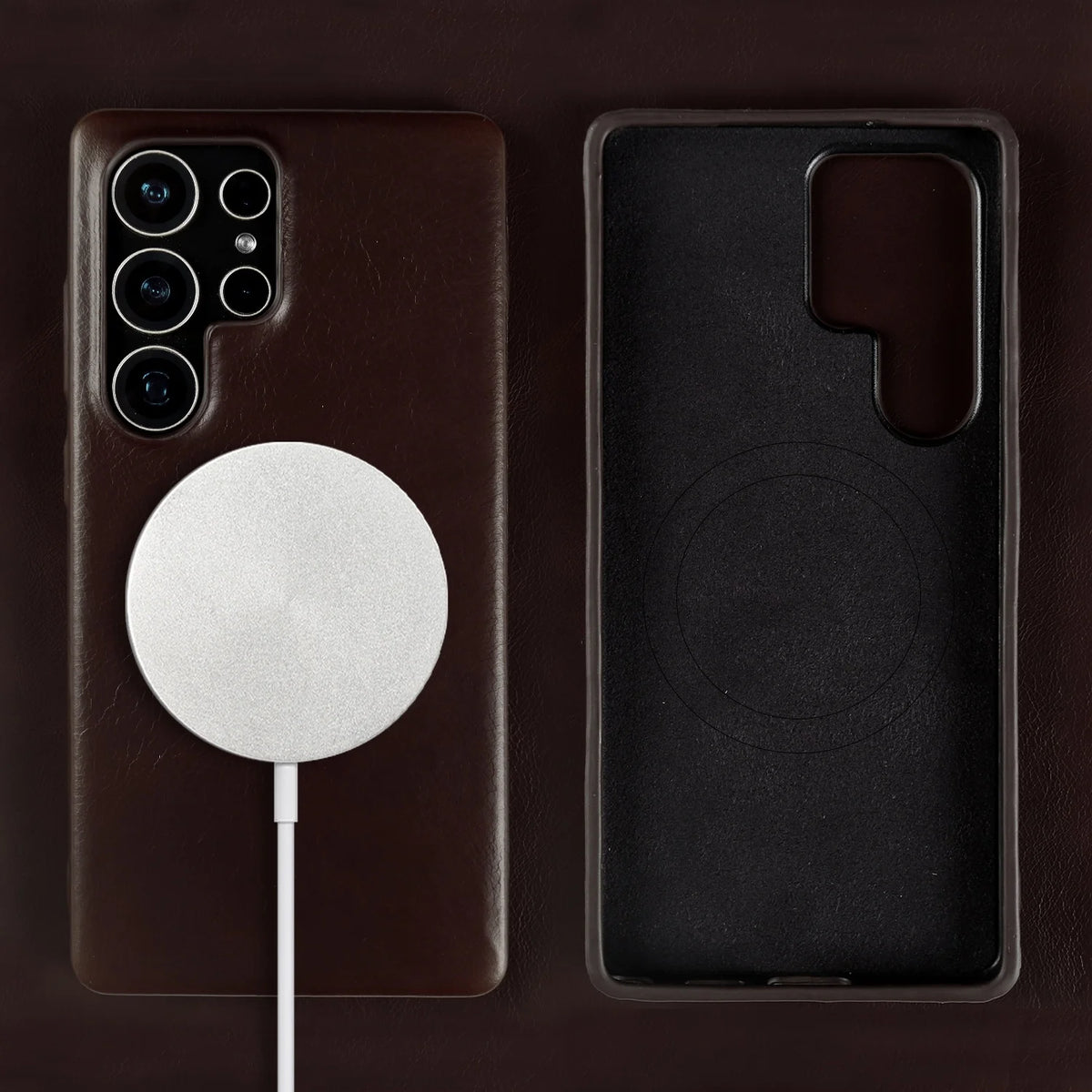 Full Wrapped Magnetic Genuine Leather Phone Case for Samsung Galaxy S25 Edge Cases S24 S23 S22 S21 S26 Wireless Charging Cover