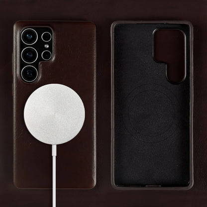 Full Wrapped Magnetic Genuine Leather Phone Case for Samsung Galaxy S25 Edge Cases S24 S23 S22 S21 S26 Wireless Charging Cover