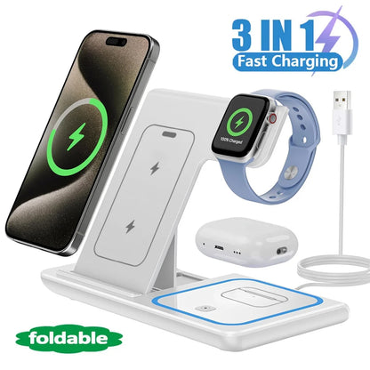 LED Fast Wireless Charger Stand 3 in 1 Foldable Charging Station For iPhone 17/16/15/14 Apple Watch 9 8 7 6 5 Airpods Pro