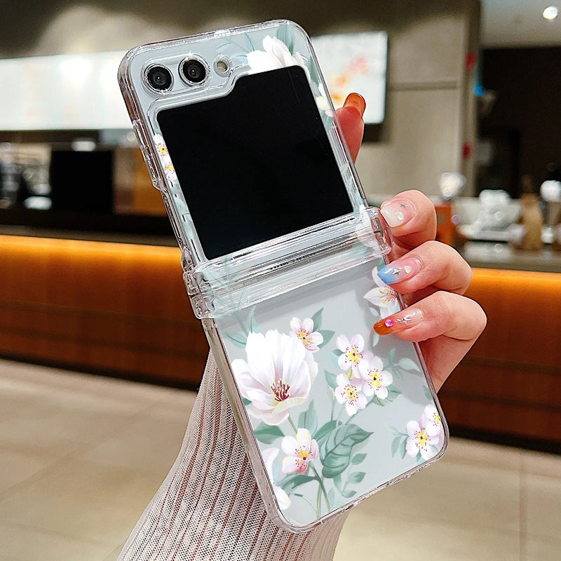Flowers Pattern Clear Case For Samsung Galaxy Z Flip 8 7 FE 6 5 4 3 5G Folding Hard Phone Cover For Samsung Z Flip8 Flip6 Flip7