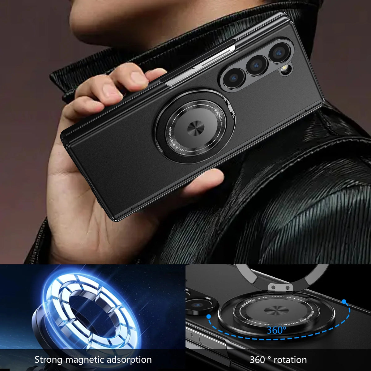 Aluminum Alloy Back Cover Phone Case for Samsung Galaxy Z Fold 8 Ultra 7/6/5/4 with 360° Rotating Ring Kickstand,Hinge Protector