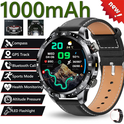 2026 New Military 1000mAh Battery Smart Watch 1.7-inch HD Large Screen LED Flashlight Sport Mode Bluetooth Call Smartwatch Men
