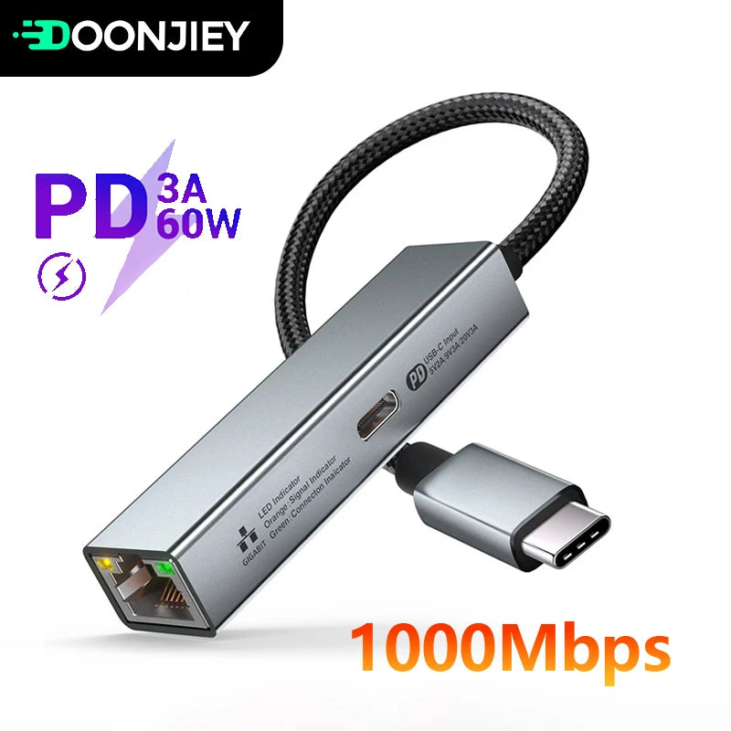 2 in 1 USB Type C to RJ45 USB-C Converter HUB PD 60W Fast Charging Type-C Network Card Lan Gigabit Adapter Cable For PC Notebook