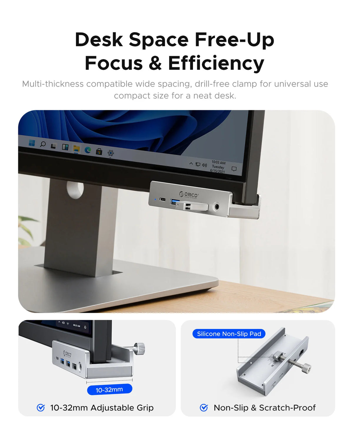ORICO Aluminum 8 in 1 USB Clip Hub Support External Power Supply for High Speed 10GBPS Data Transmission on MAC OS PC