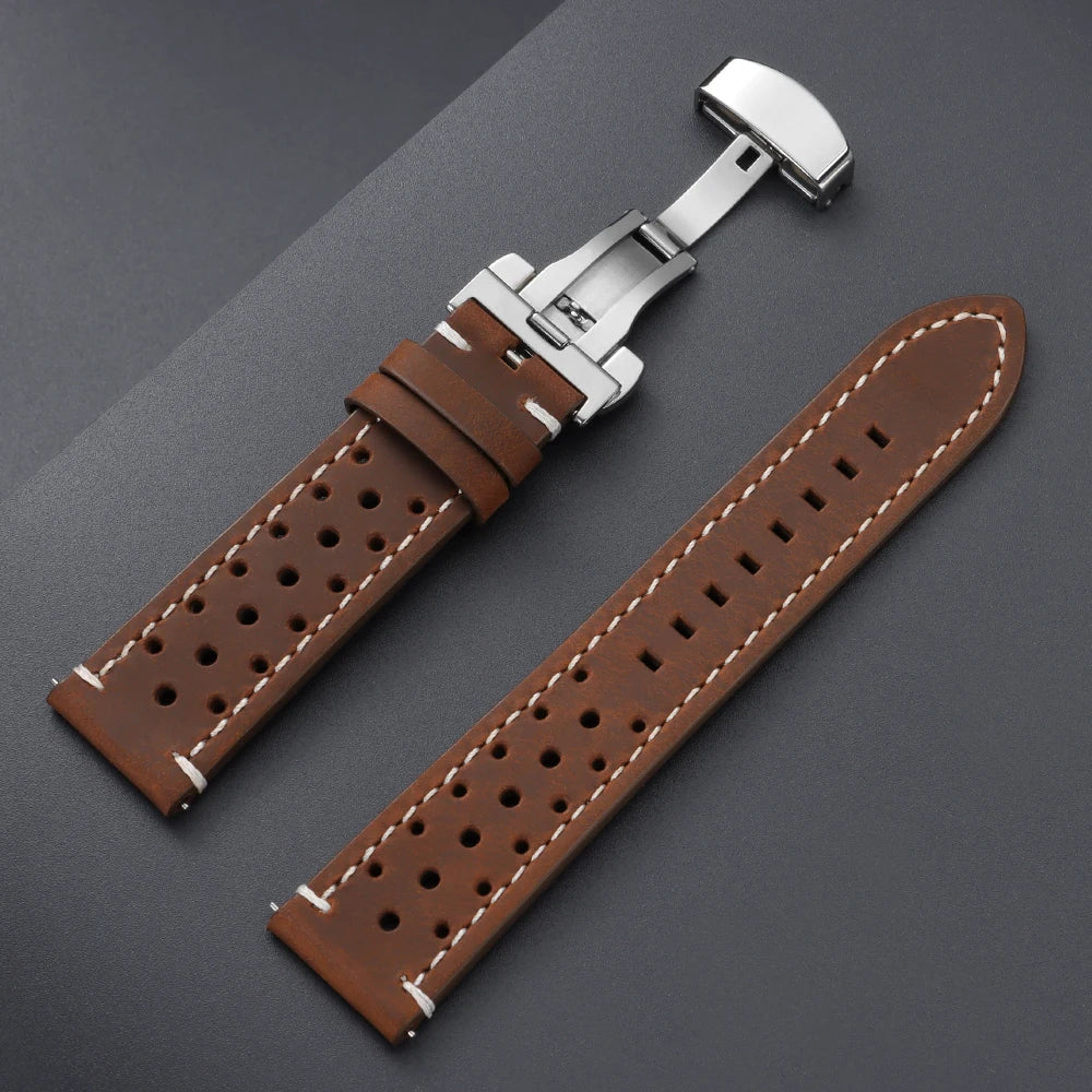 18/19/20/21/22/24mm Vintage Cowhide Watch Strap Brown Black Top-Grain Leather Watch Band Quick Relase Butterfly Buckle Bracelet