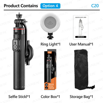 AXNEN C20 Magnetic Selfie Stick Tripod Extendable for Cellphone Shooting with Remote 1/4" Thread for Action Camera Ring Light
