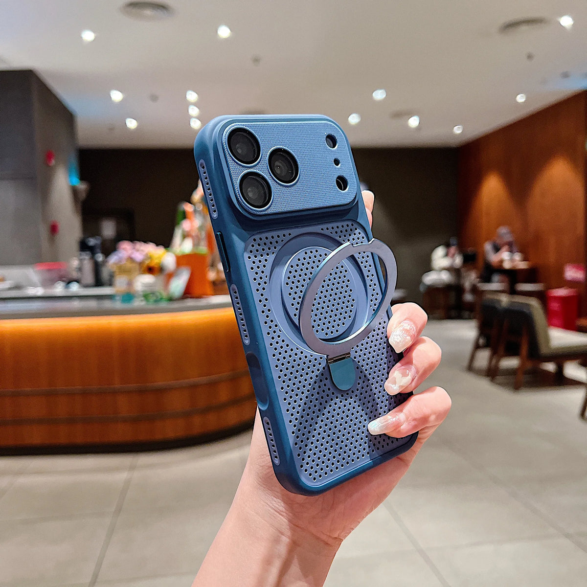 Luxury Heat Dissipation Cooling Mesh Hole Case for iPhone 17 16 15 14 Plus 13 Pro Max For Magsafe Stand Holder Armor Cover