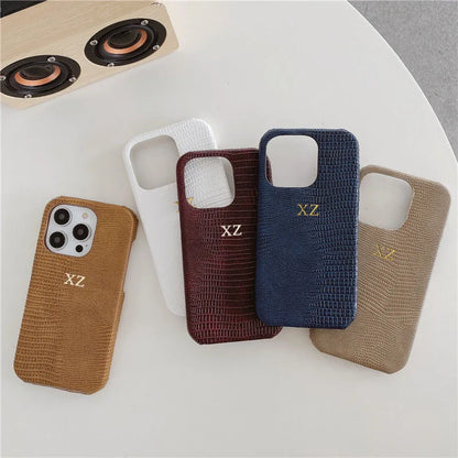Personalise Gold Silver Initials Letters Leather Case For iphone 15 14 13 16 17 18Pro Max 14 16 Plus Luxury Lizard PU Hard Cover