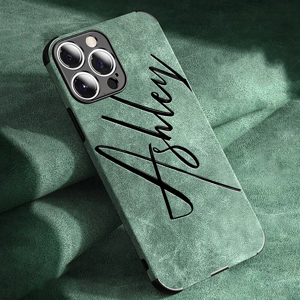 Large Brush Calligraphy Name Customized Phone Case For iPhone 16 15 14 13 12 11 Pro Max Lambskin Faux Leather Shockproof Cover