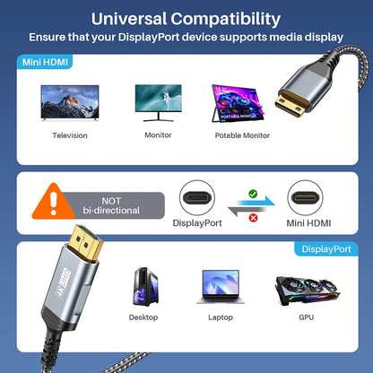 DisplayPort To Mini HDMI Cable 3840*2160 Video UHD 4K@60Hz 2K@120Hz For Desktop Laptop Portable Monitor Projector Mini PC