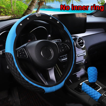 3Pcs PU Leather Crown Diamond Inlays Steering Wheel Cover Gear Shift Cover Handbrake Cover for Cars without Inner Ring