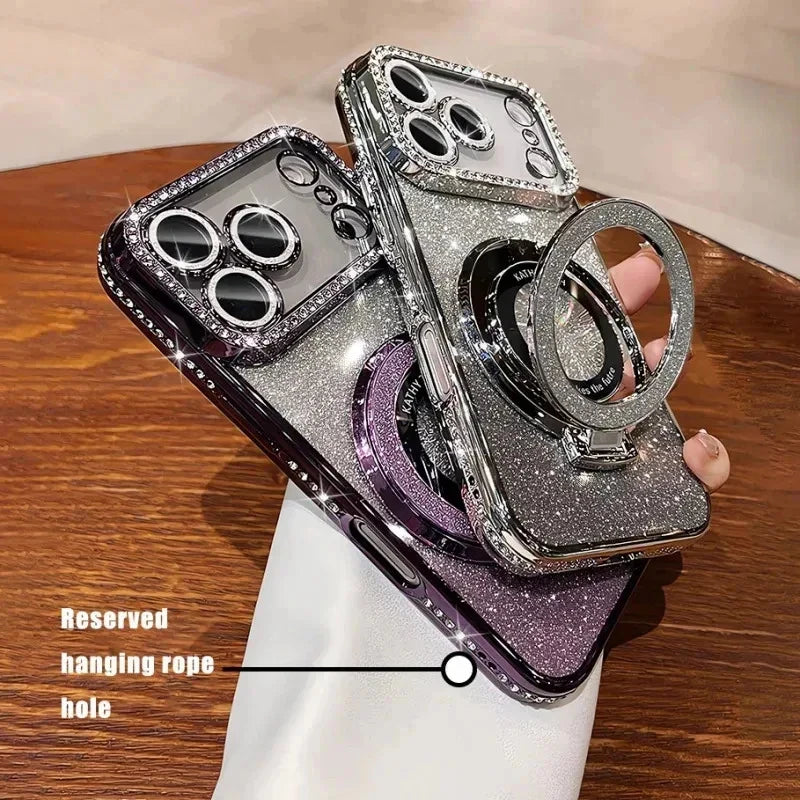 Transparent Diamond Glitter Magnetic Phone Case with Coating，Applicable iPhone 17 16 13 14 15 Pro Max Lens protection bracket ba