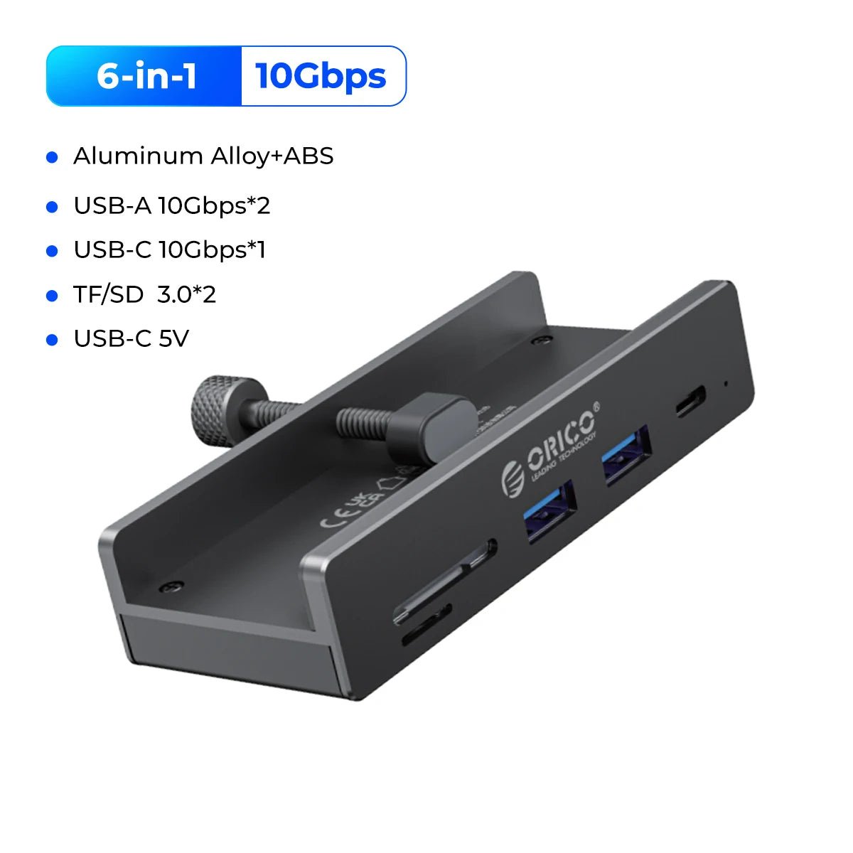 ORICO Aluminum 8 in 1 USB Clip Hub Support External Power Supply for High Speed 10GBPS Data Transmission on MAC OS PC
