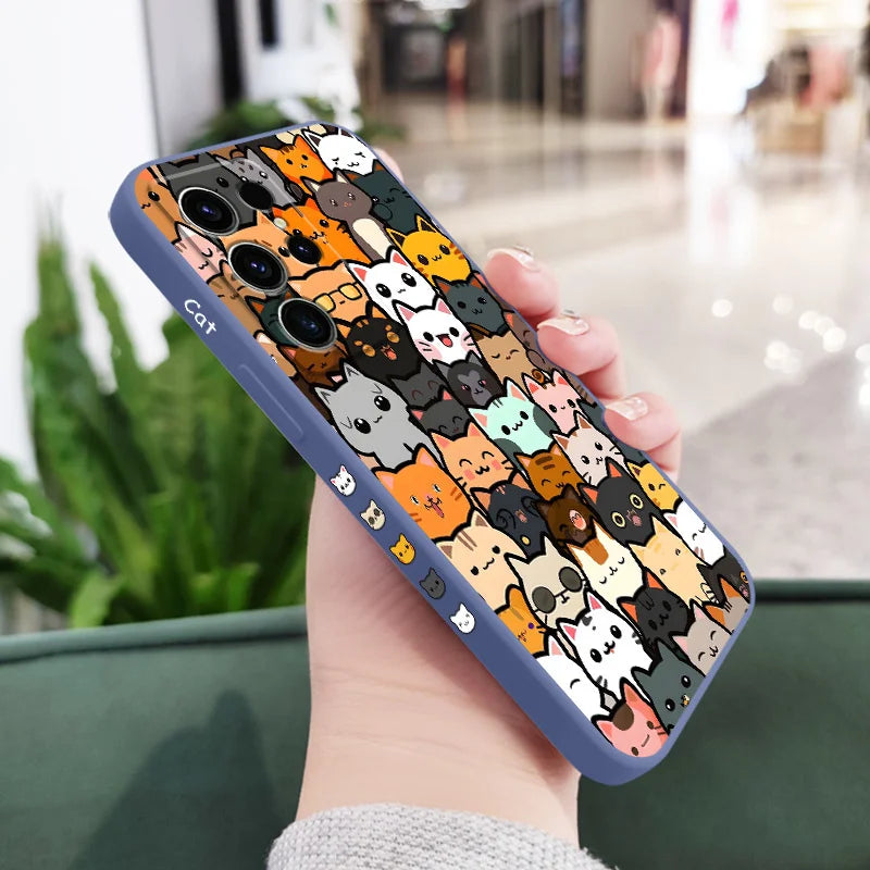Cute Cat Drawing Phone Case For Samsung Galaxy S25 S24 S23 S22 S21 S20 Ultra FE S10 S10E Plus Note 20 Ultra Silicone Cover