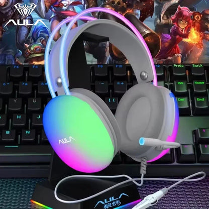 AULA S505 Esports Gaming Headphones Computer USB Wired Headset RGB Cool Light Effect Headband Transparent Earphone for PC Laptop