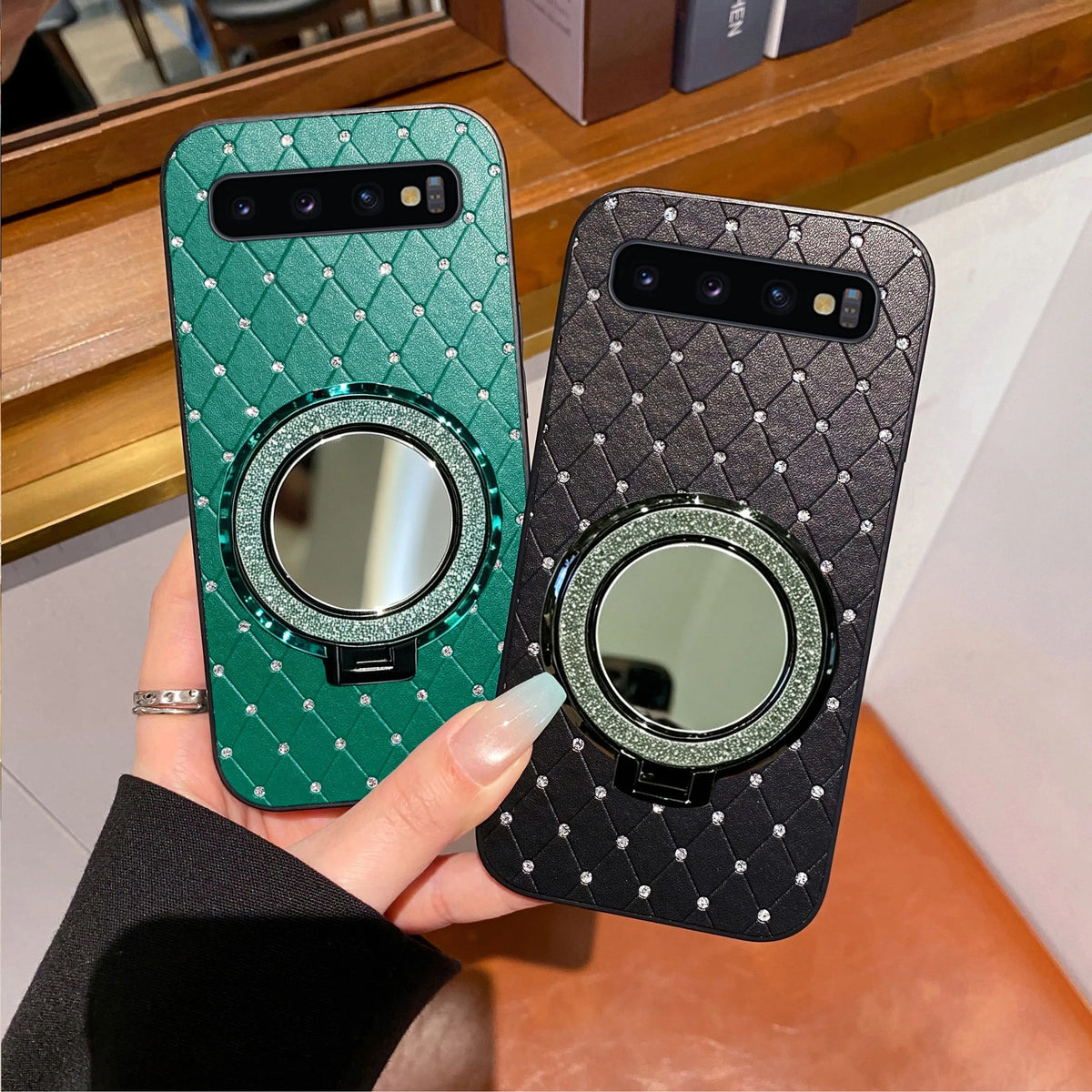Rhombus Grid Leather Phone Case Makeup Mirror Magnetic Ring for Samsung Galaxy S10 Galaxy S10 5G Galaxy S10+ Galaxy S10 Lite