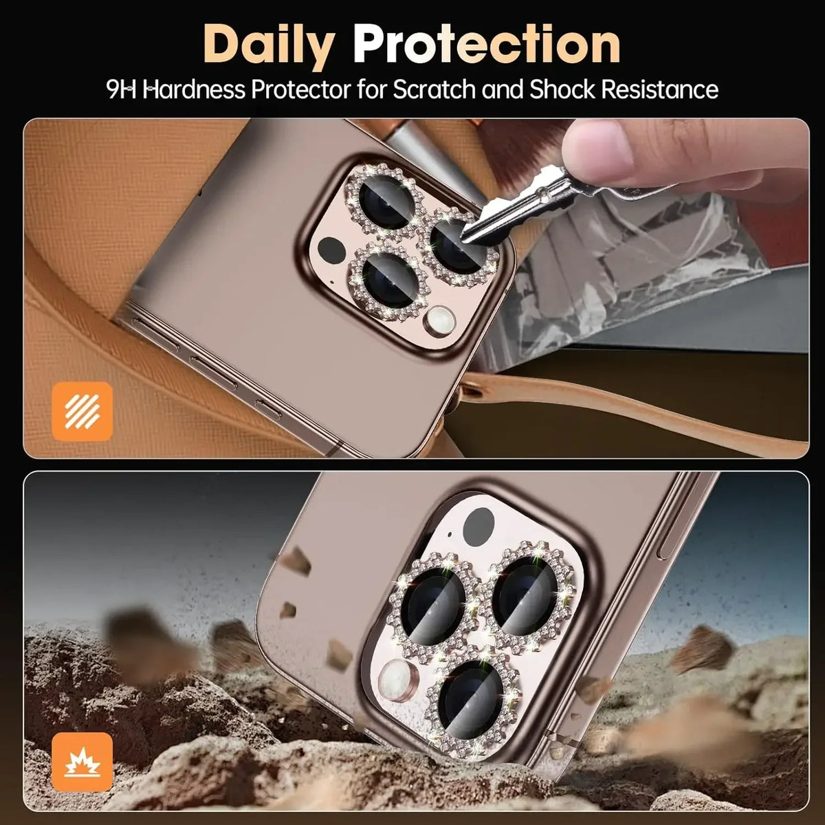 2-3Pcs Bling 3D Metal Gear Design Diamond Camera Lens Glass Protector For IPhone 16 17 Pro Max 15Pro 16Plus Case Friendly Rings