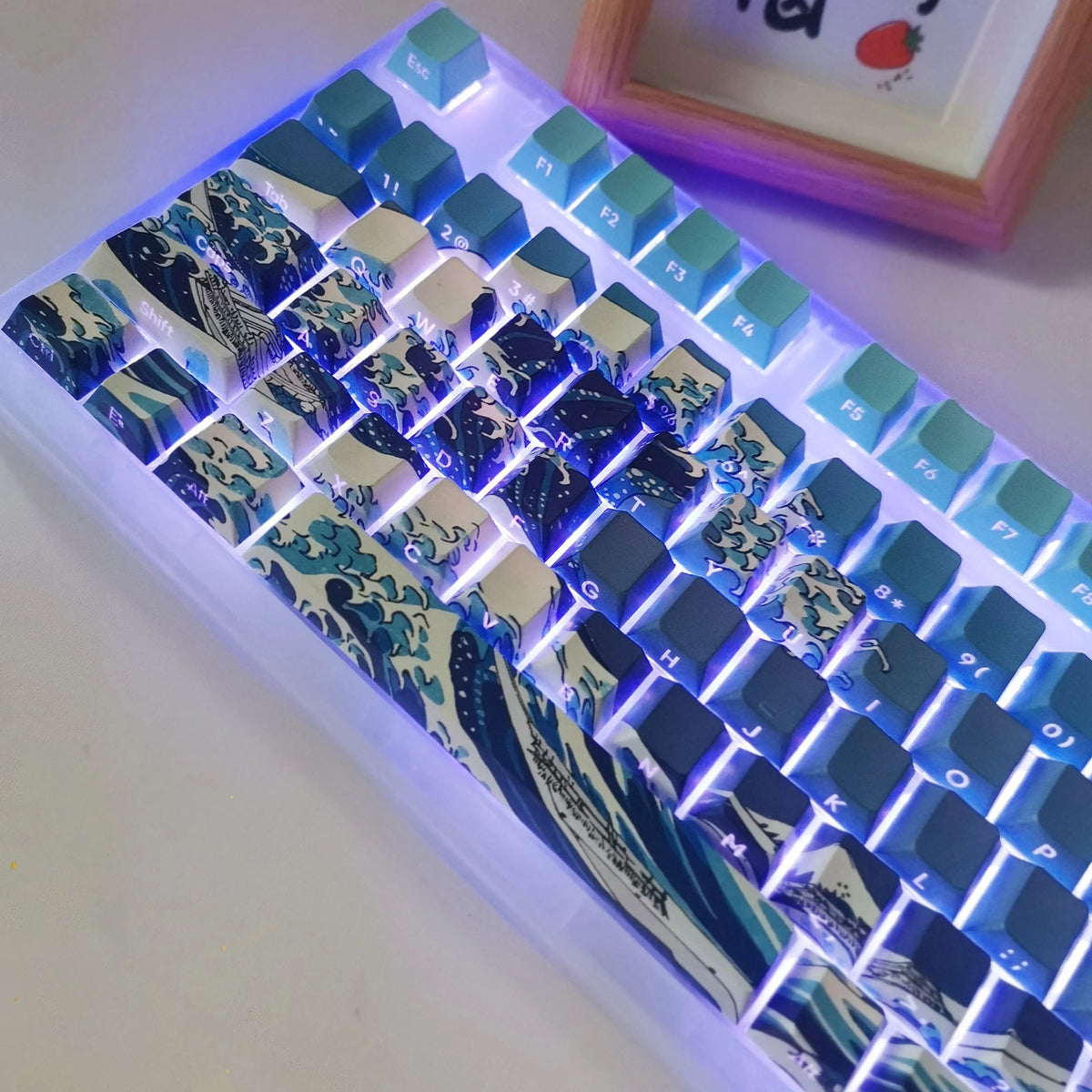 Kanagawa Themed Top/Side Printed RGB Backlit Keycaps 125 Keys Dye Sub PBT Keycaps Cherry Profile for Cherry MX Swtches Keyboard