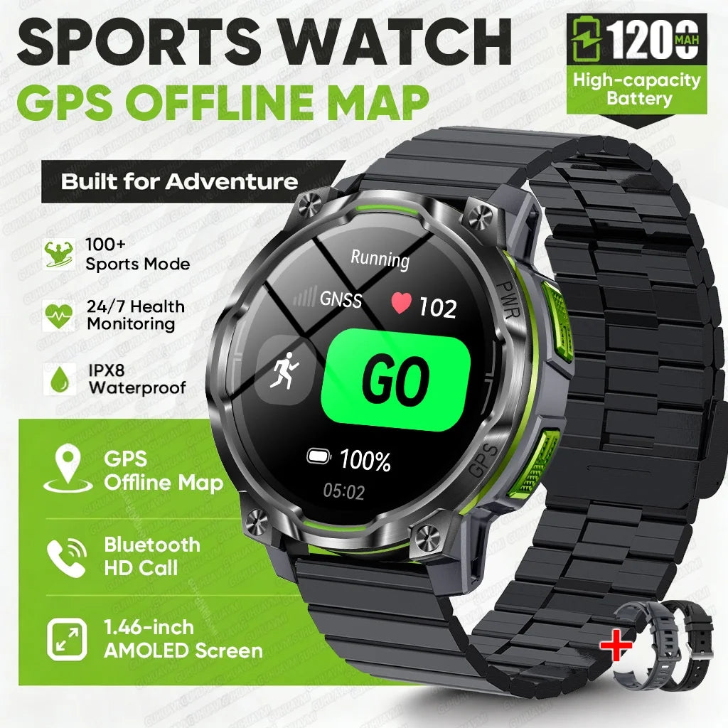 1200mAh Massive Power Outdoor GPS Smart Watch Offline Map 1.43“ HD Screen IPX8 Waterproof Compass Military 107+Sports Watch Men