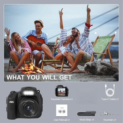 Mini Keychain Camera 4K HD Retro Digital Camera 64MP 1.54-Inch HD Screen Portable Video Recorder with Flash Thumb Camera