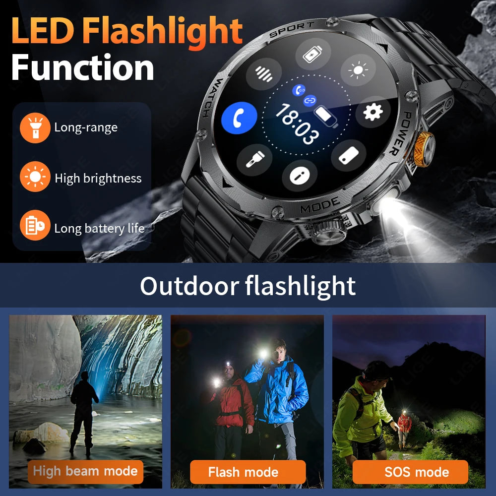 LIGE New Military Outdoor Sport Smart Watch Men Flashlight IP68 Waterproof 1.7" HD Wireless Call Smartwatch 1000mAh Big Battery