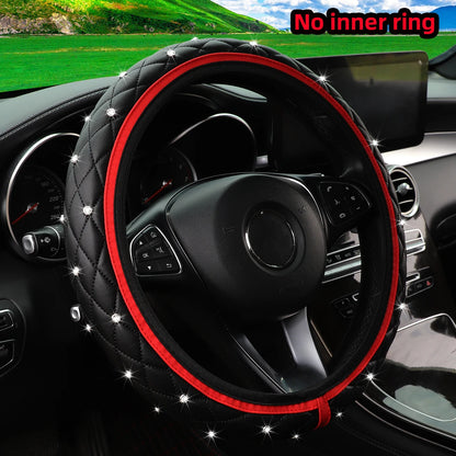 1 PU leather embroidered stereo diamond-encrusted Blingbling car steering wheel cover for 14.5-15 inch automotive supplies